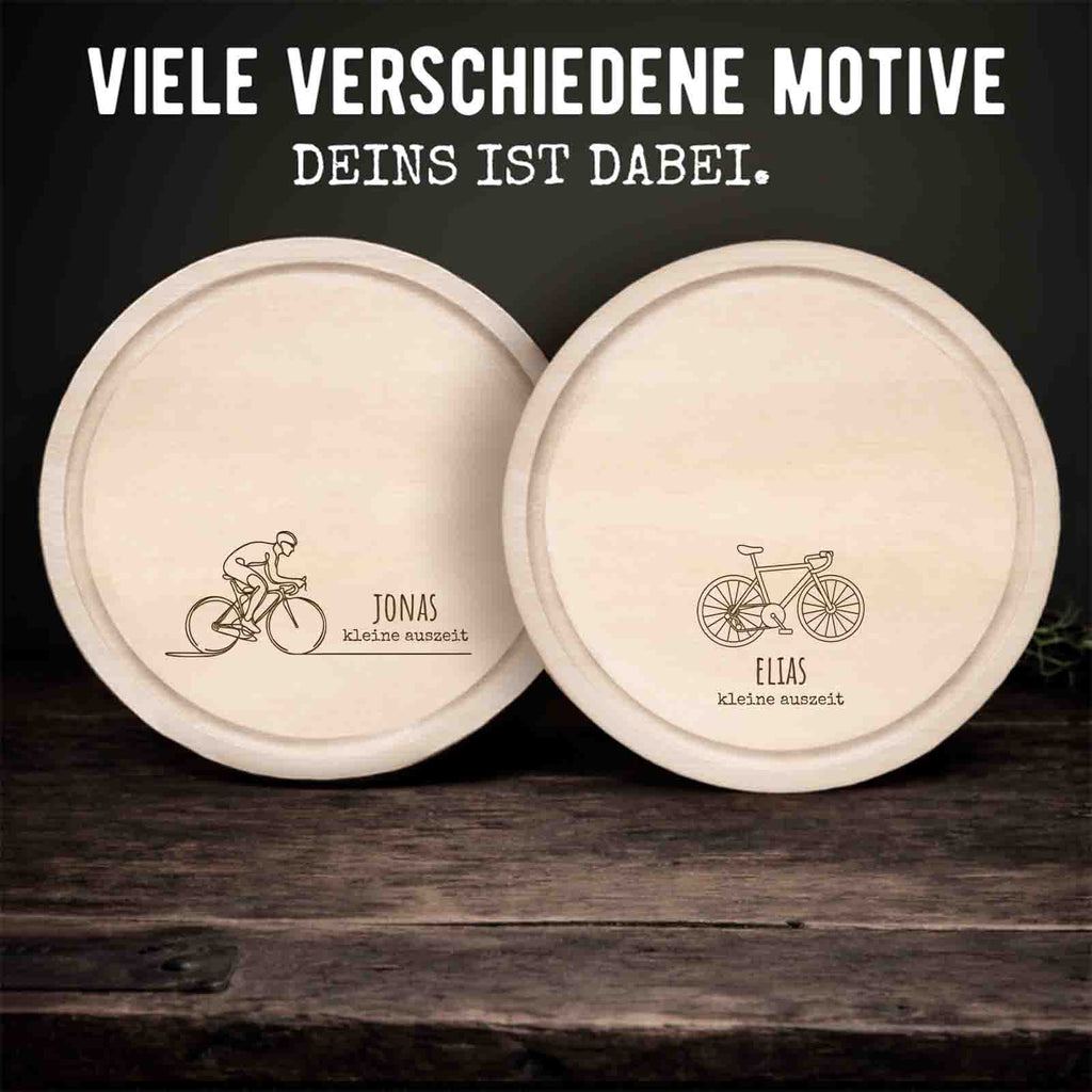 Frühstücksbrettchen rund Buche „Rennrad“ personalisiert Gravur