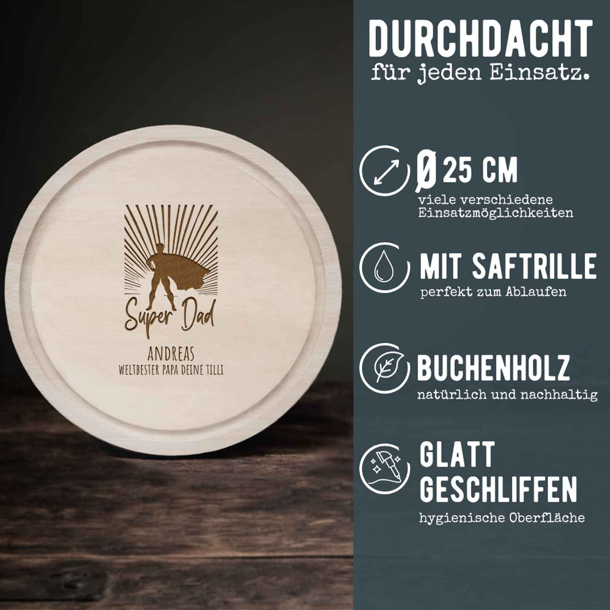 Frühstücksbrettchen rund Buche „Vater“ personalisiert Gravur