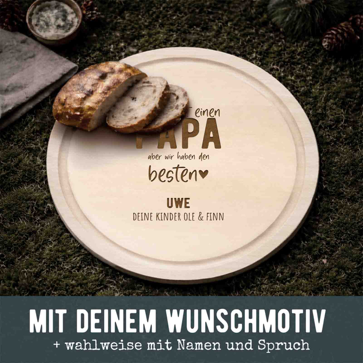 Frühstücksbrettchen rund Buche „Vater“ personalisiert Gravur