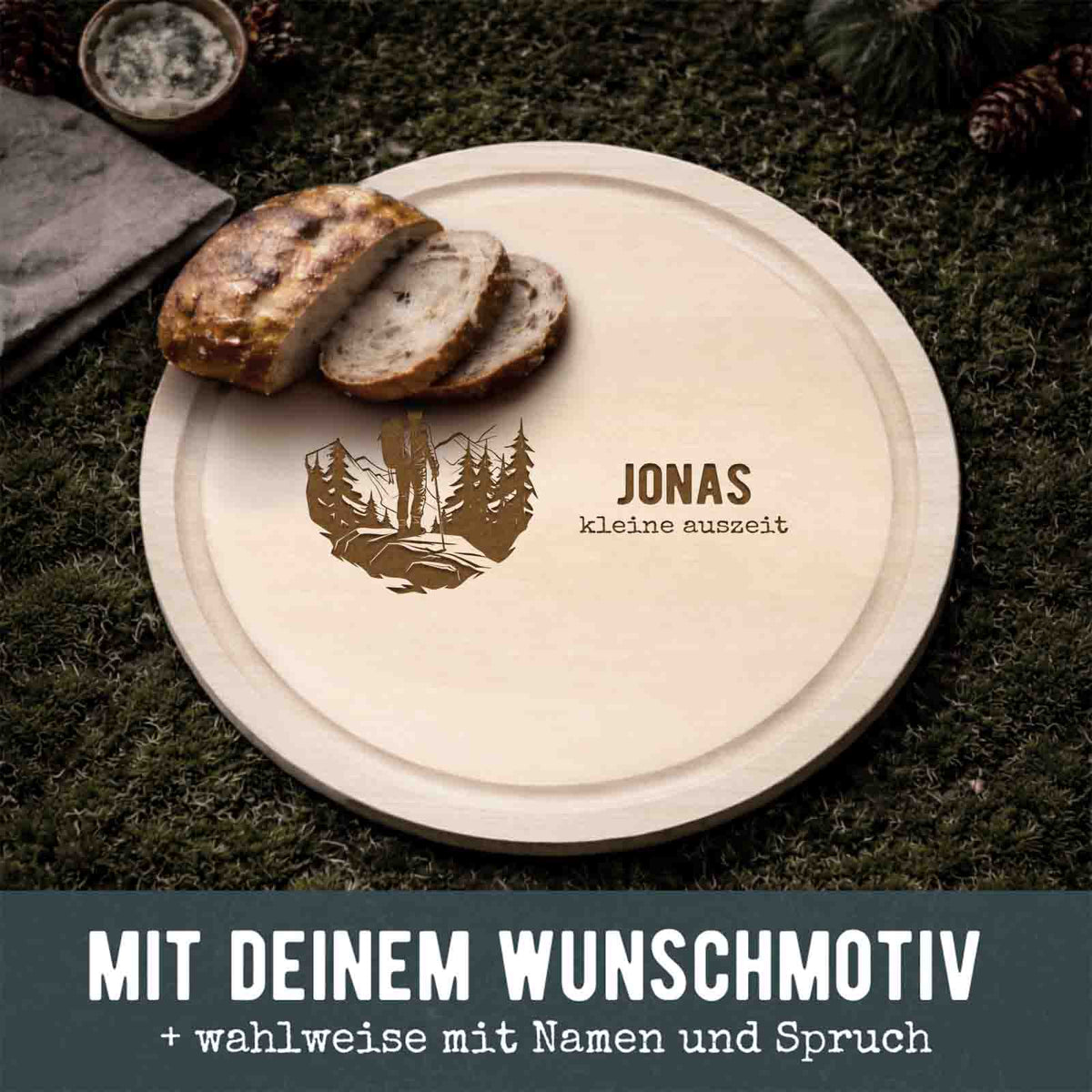 Frühstücksbrettchen rund Buche „Wandern“ personalisiert Gravur