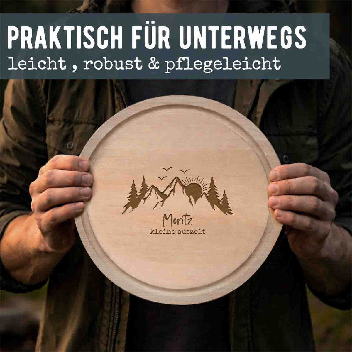 Frühstücksbrettchen rund Buche „Wandern“ personalisiert Gravur