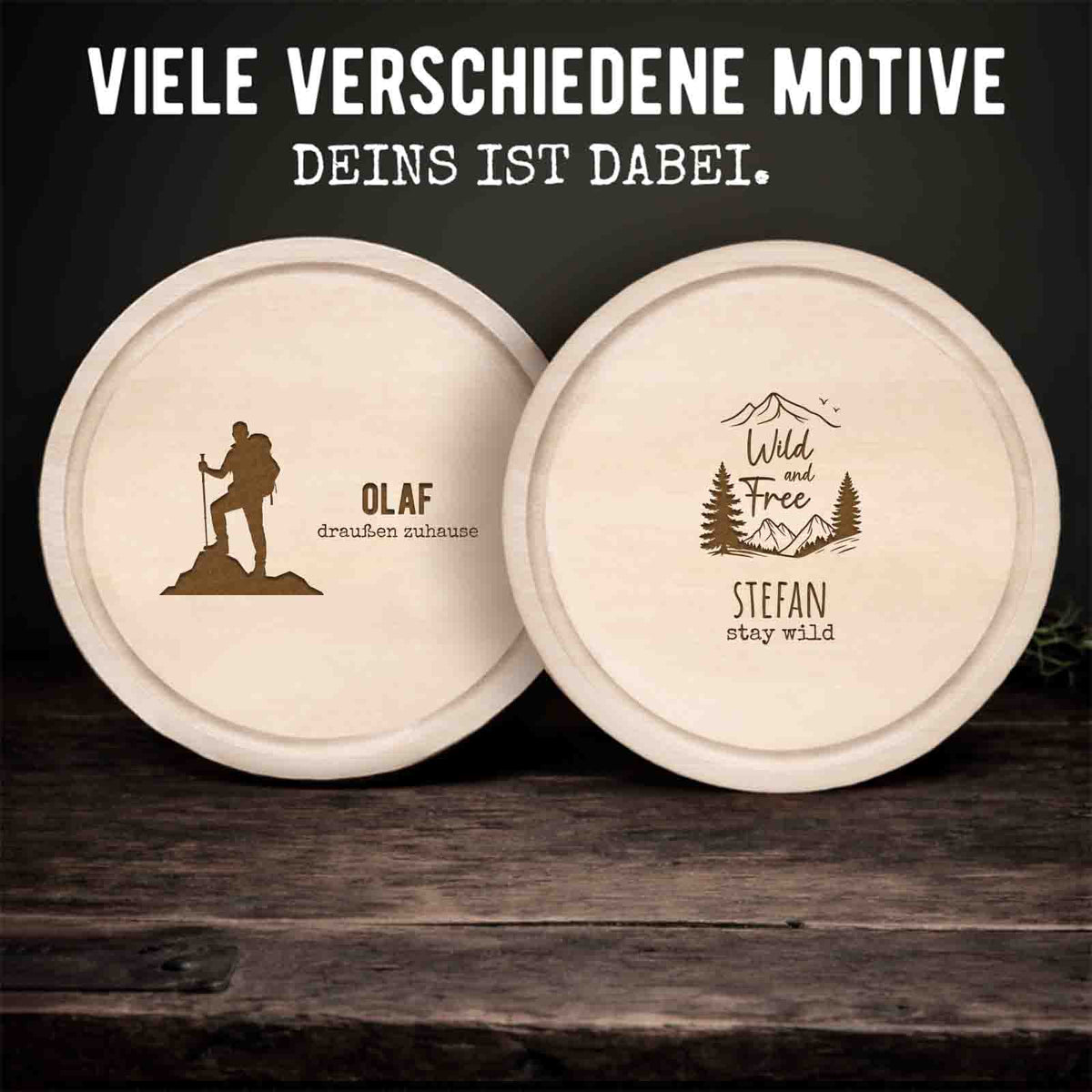 Frühstücksbrettchen rund Buche „Wandern“ personalisiert Gravur
