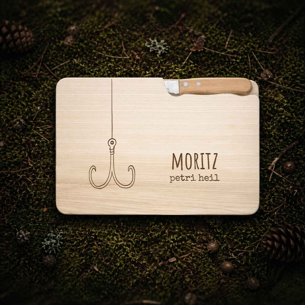 Frühstücksbrettchen mit Messer „Angler“ personalisiert Gravur