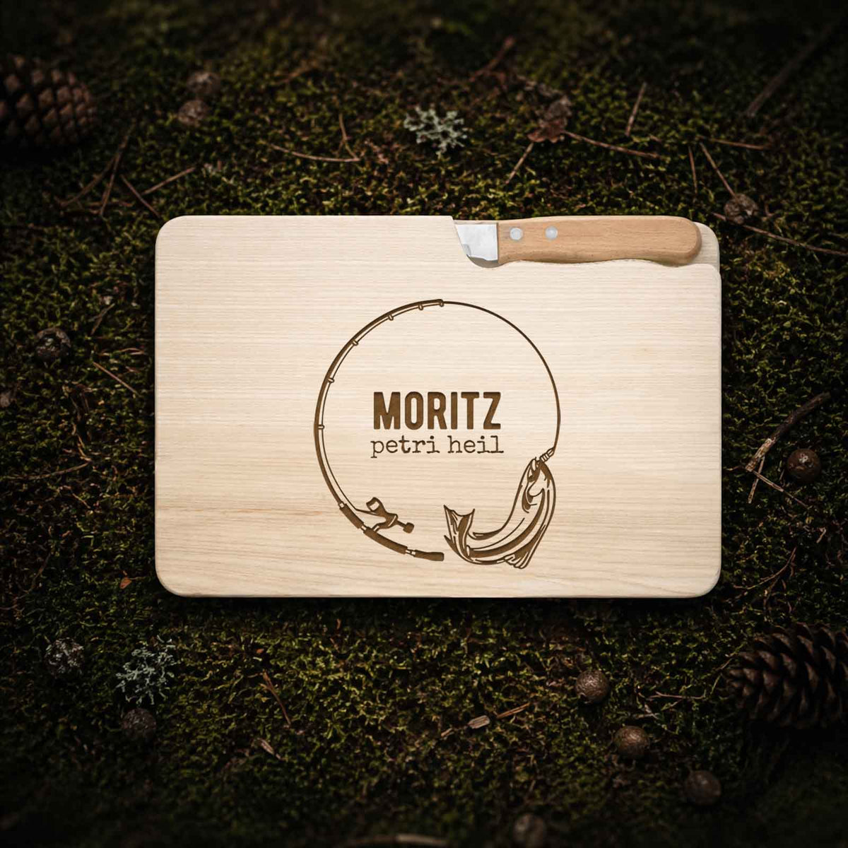 Frühstücksbrettchen mit Messer „Angler“ personalisiert Gravur