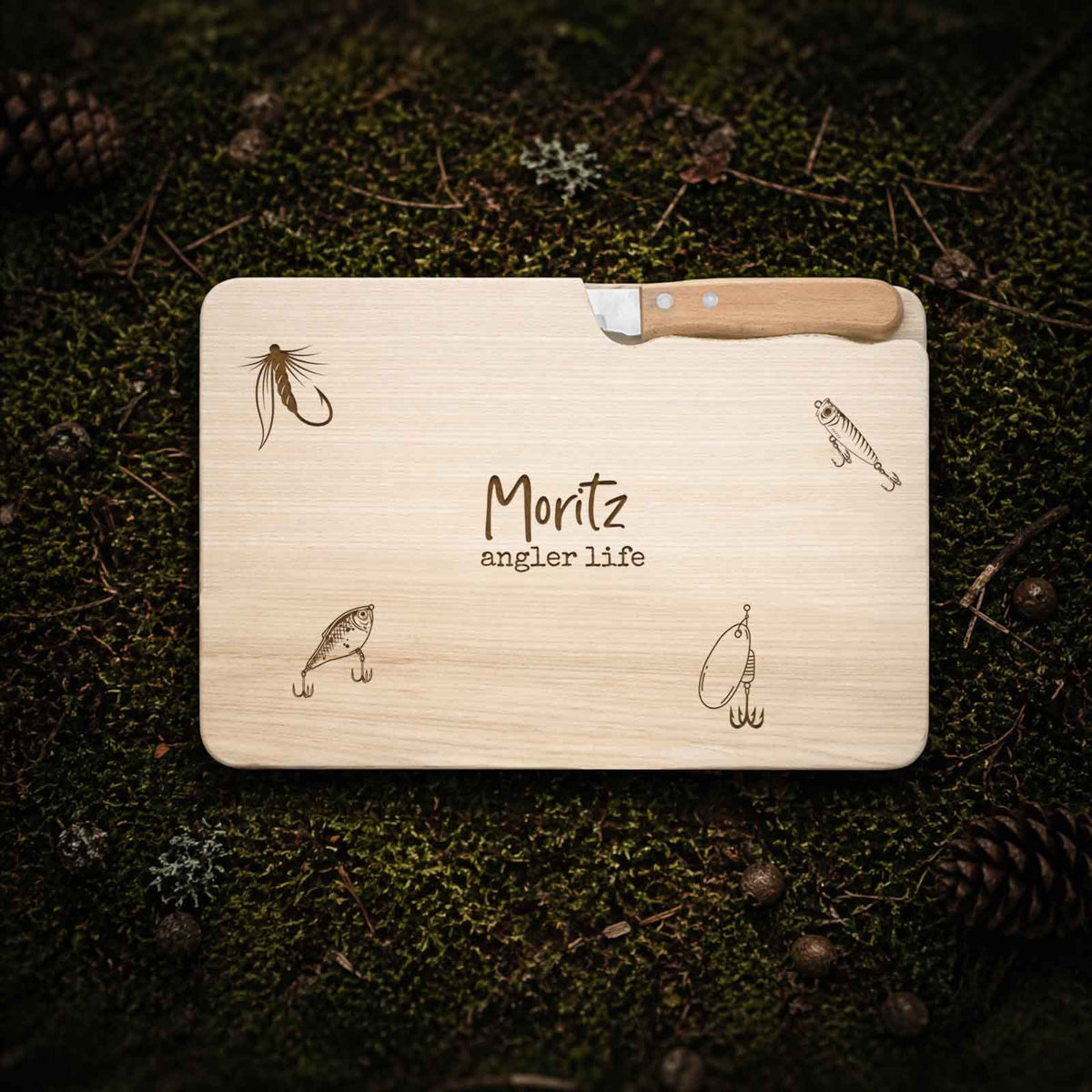 Frühstücksbrettchen mit Messer „Angler“ personalisiert Gravur