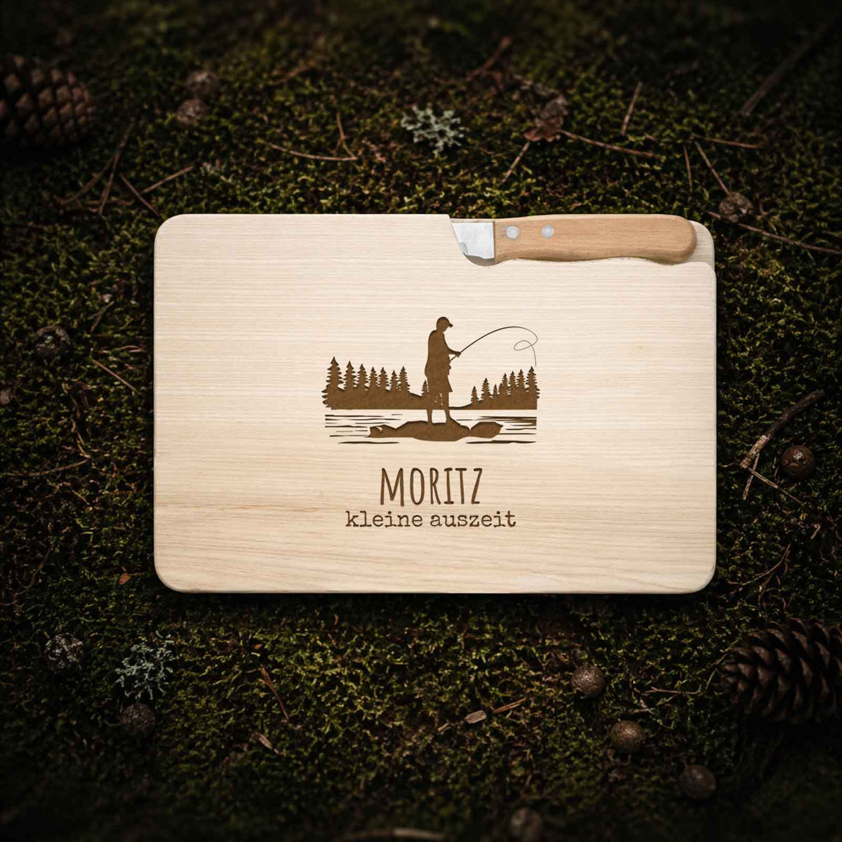Frühstücksbrettchen mit Messer „Angler“ personalisiert Gravur