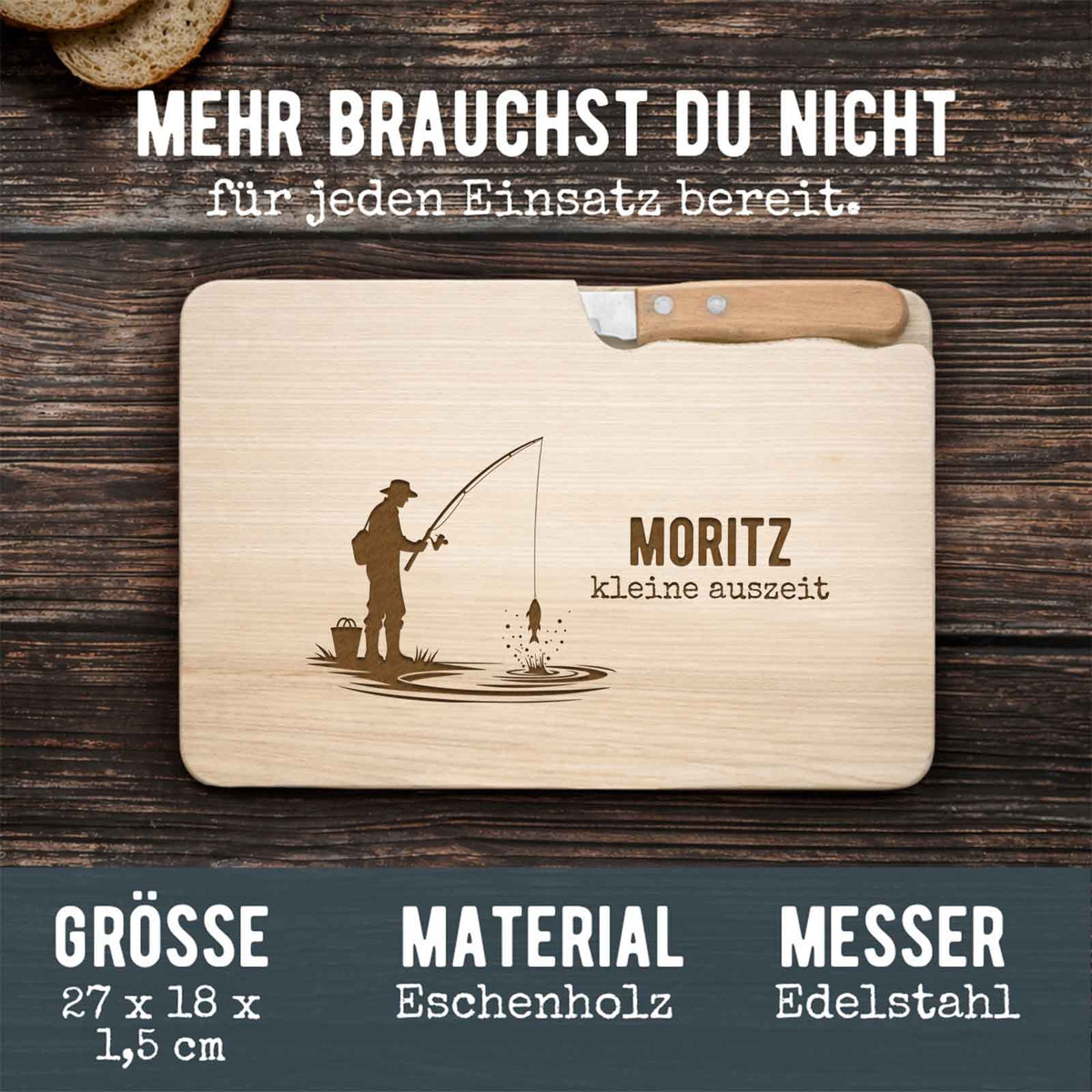 Frühstücksbrettchen mit Messer „Angler“ personalisiert Gravur