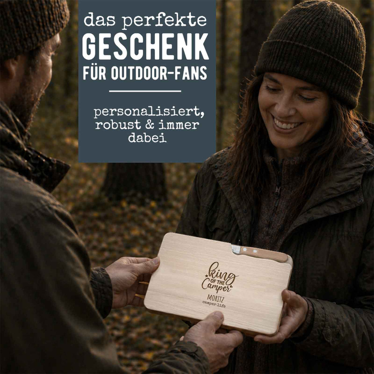 Frühstücksbrettchen mit Messer „Camping“ personalisiert Gravur