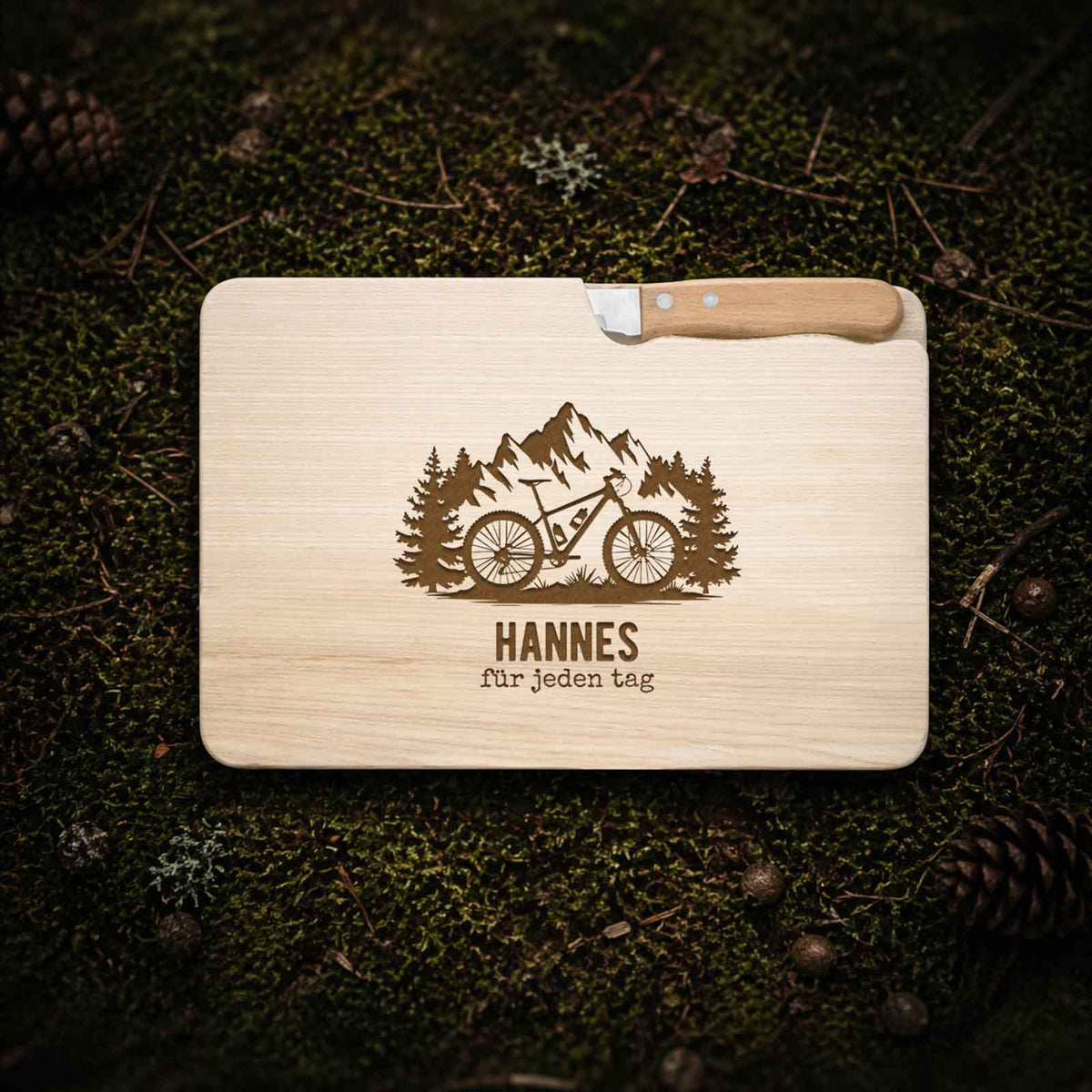 Frühstücksbrettchen mit Messer „Mountainbike“ personalisiert Gravur