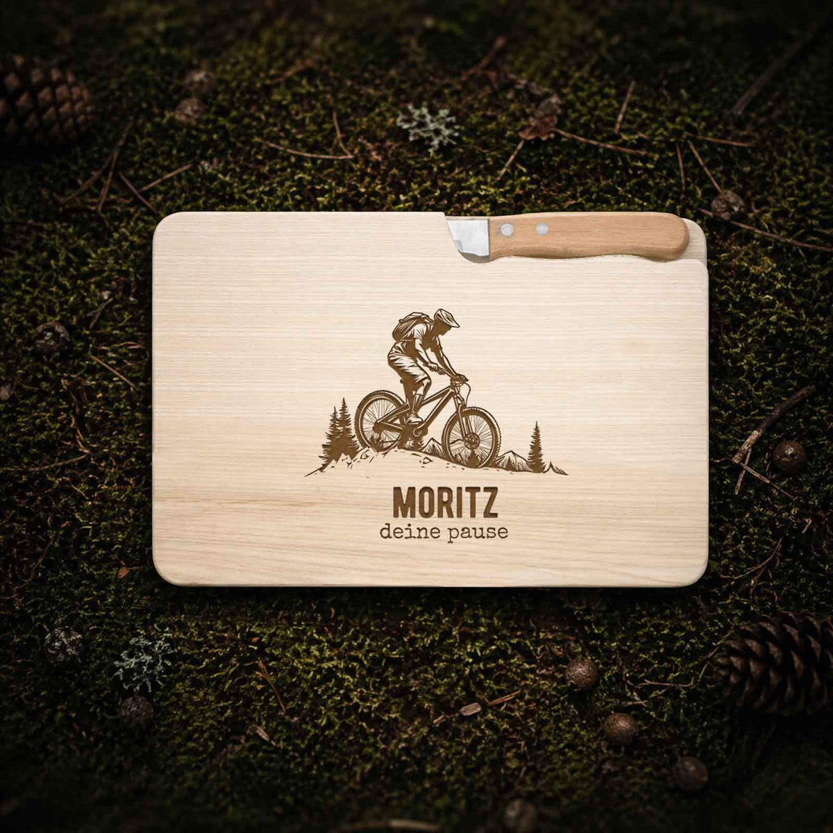 Frühstücksbrettchen mit Messer „Mountainbike“ personalisiert Gravur