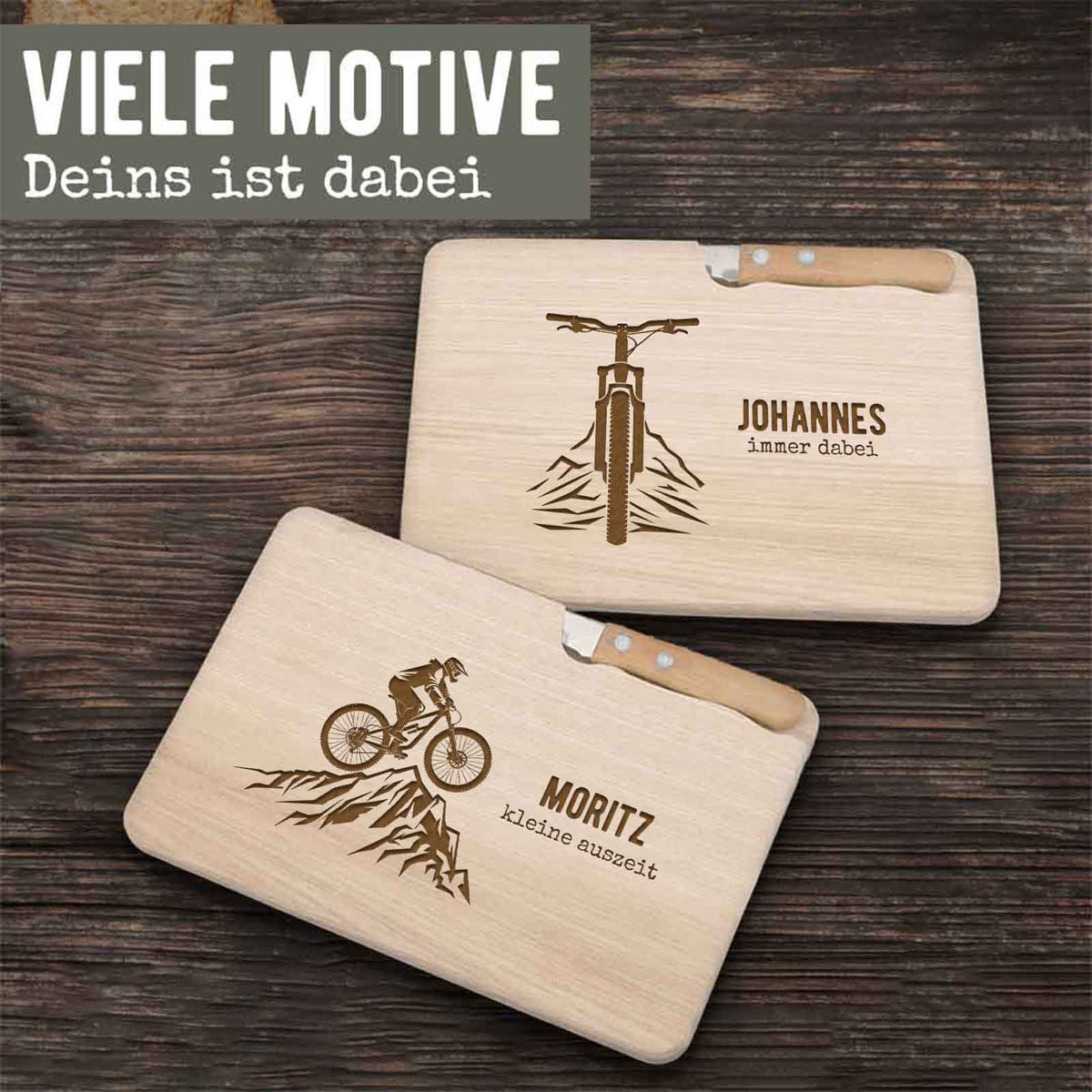 Frühstücksbrettchen mit Messer „Mountainbike“ personalisiert Gravur