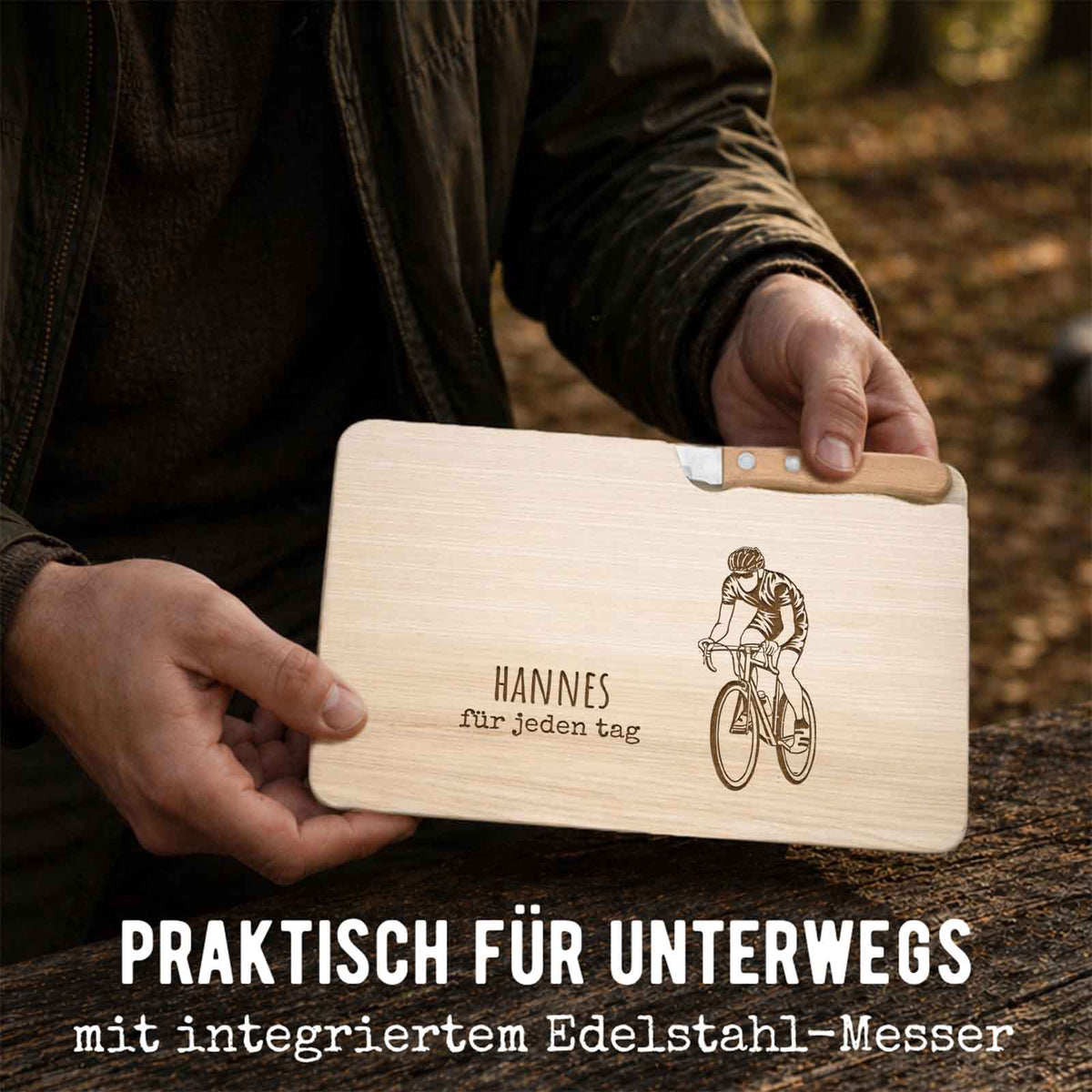 Frühstücksbrettchen mit Messer „Rennrad“ personalisiert Gravur