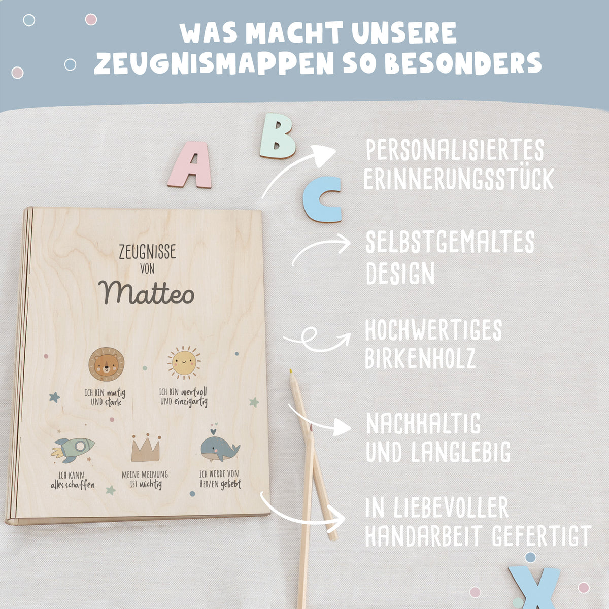 Zeugnismappe Holz Ringbuch "Affirmation"