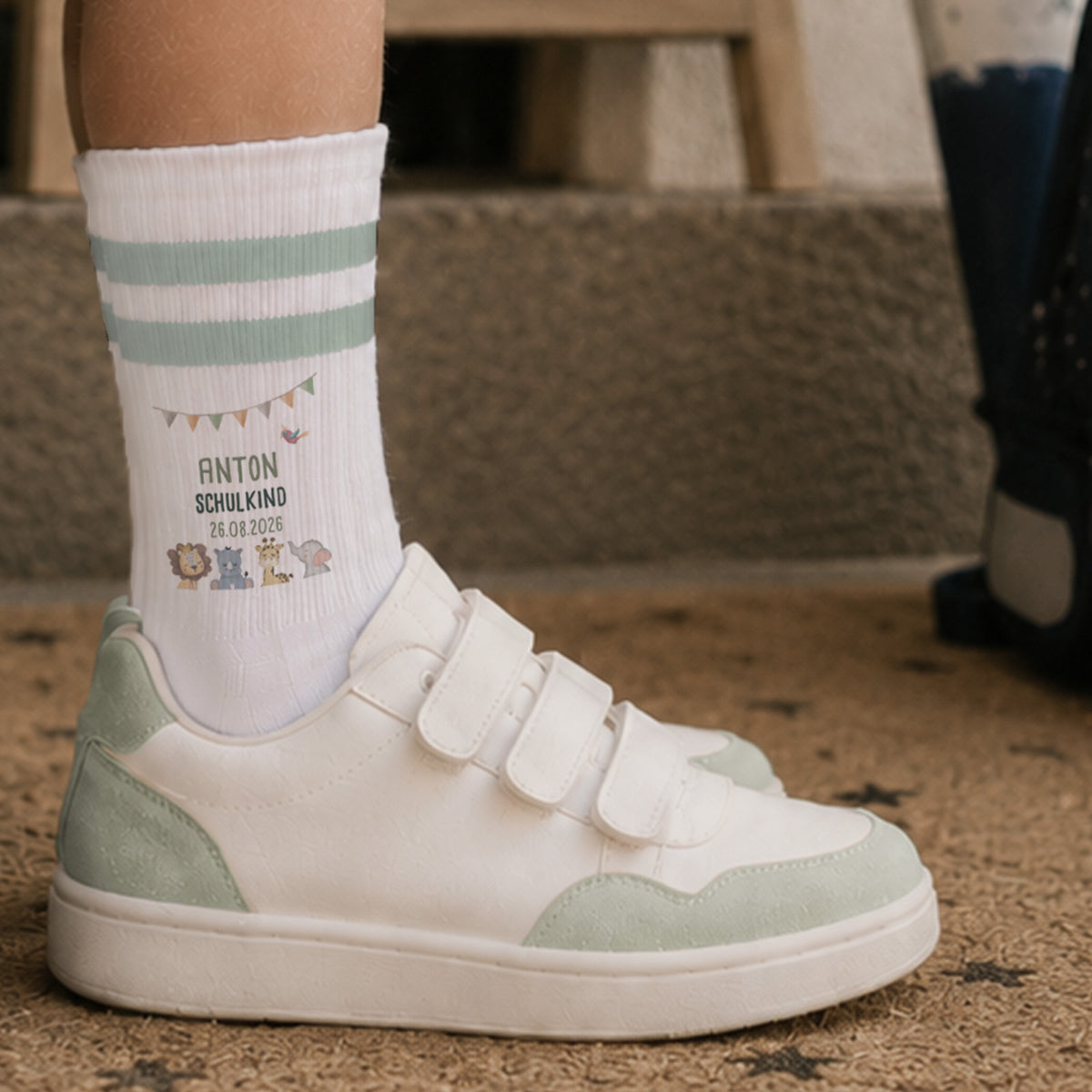 Socken für Kinder zur Einschulung „Safari“ personalisiert Sublimation