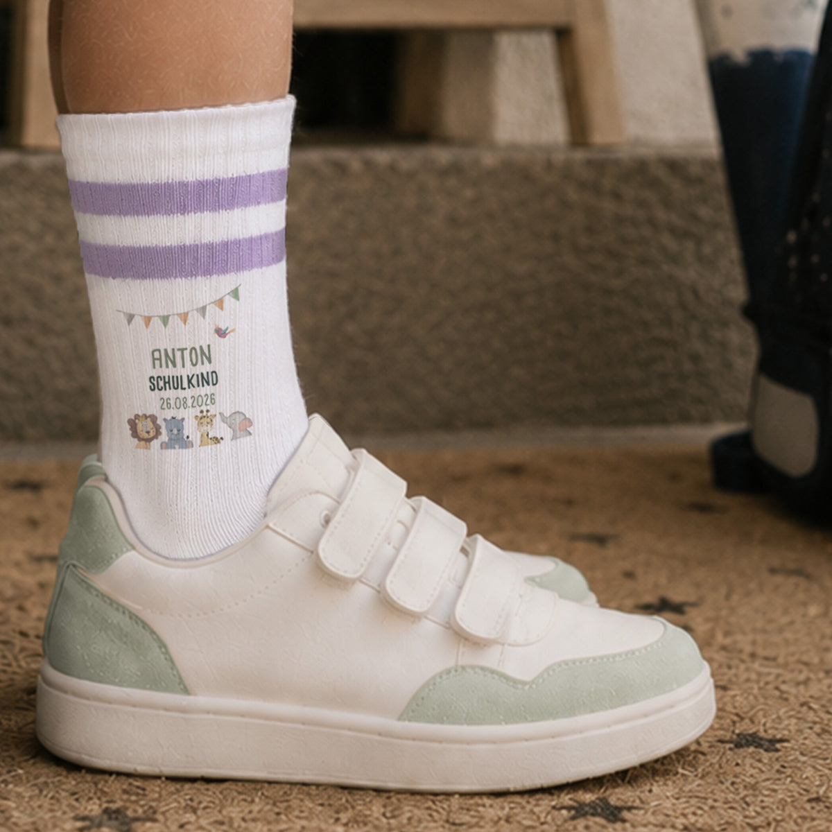 Socken für Kinder zur Einschulung „Safari“ personalisiert Sublimation