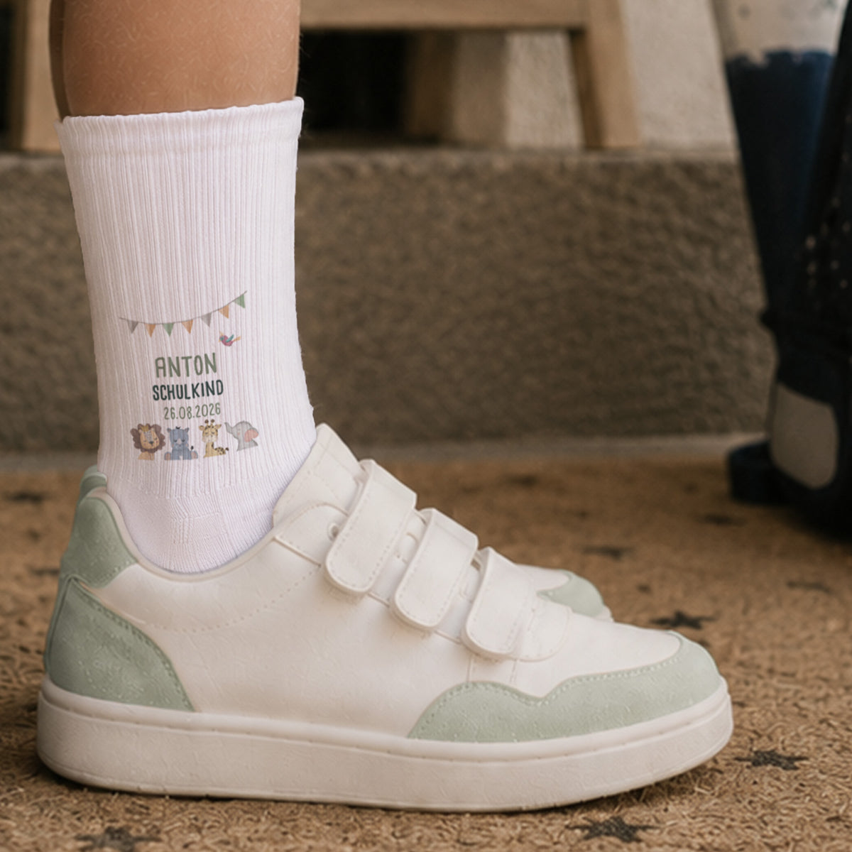 Socken für Kinder zur Einschulung „Safari“ personalisiert Sublimation