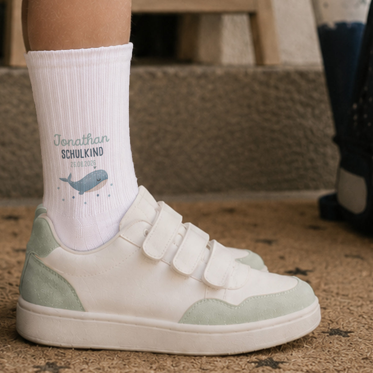 Socken für Kinder zur Einschulung „Wal“ personalisiert Sublimation