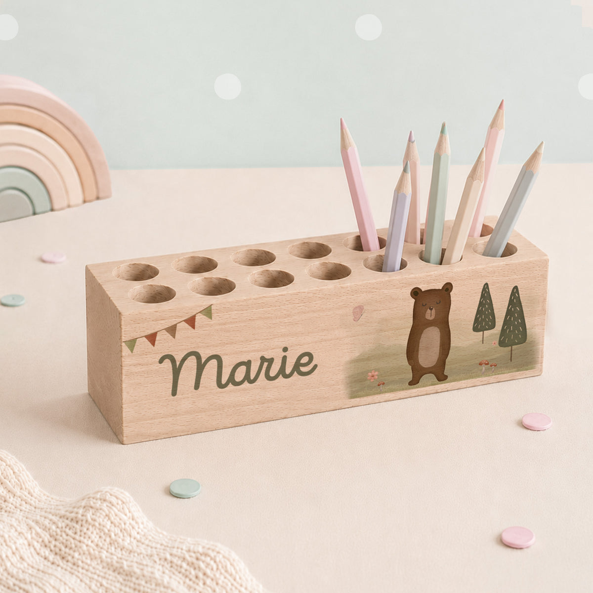 Stiftehalter massiv „Bär“ personalisiert Druck - 25,5 x 7,5 cm