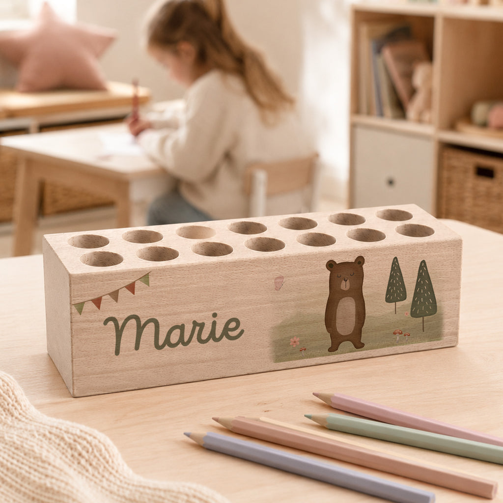 Stiftehalter massiv „Bär“ personalisiert Druck - 25,5 x 7,5 cm
