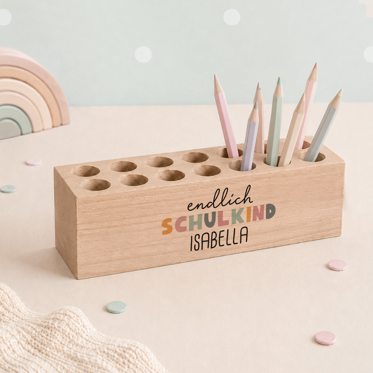 Stiftehalter massiv „Endlich Schulkind Mädchen“ personalisiert Druck - 25,5 x 7,5 cm