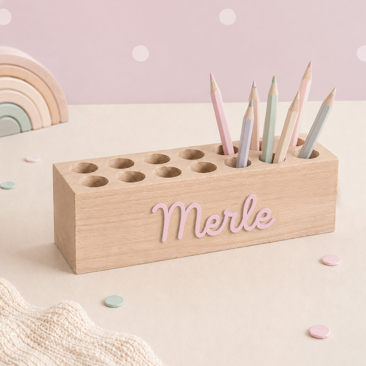Stiftehalter massiv „3D-Name Rosa“ personalisiert Laser - 25,5 x 7,5 cm