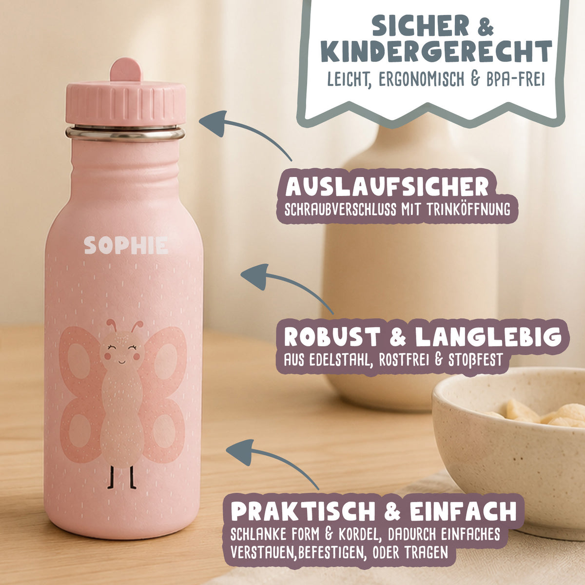 Trixie Trinkflasche personalisiert „Schmetterling“