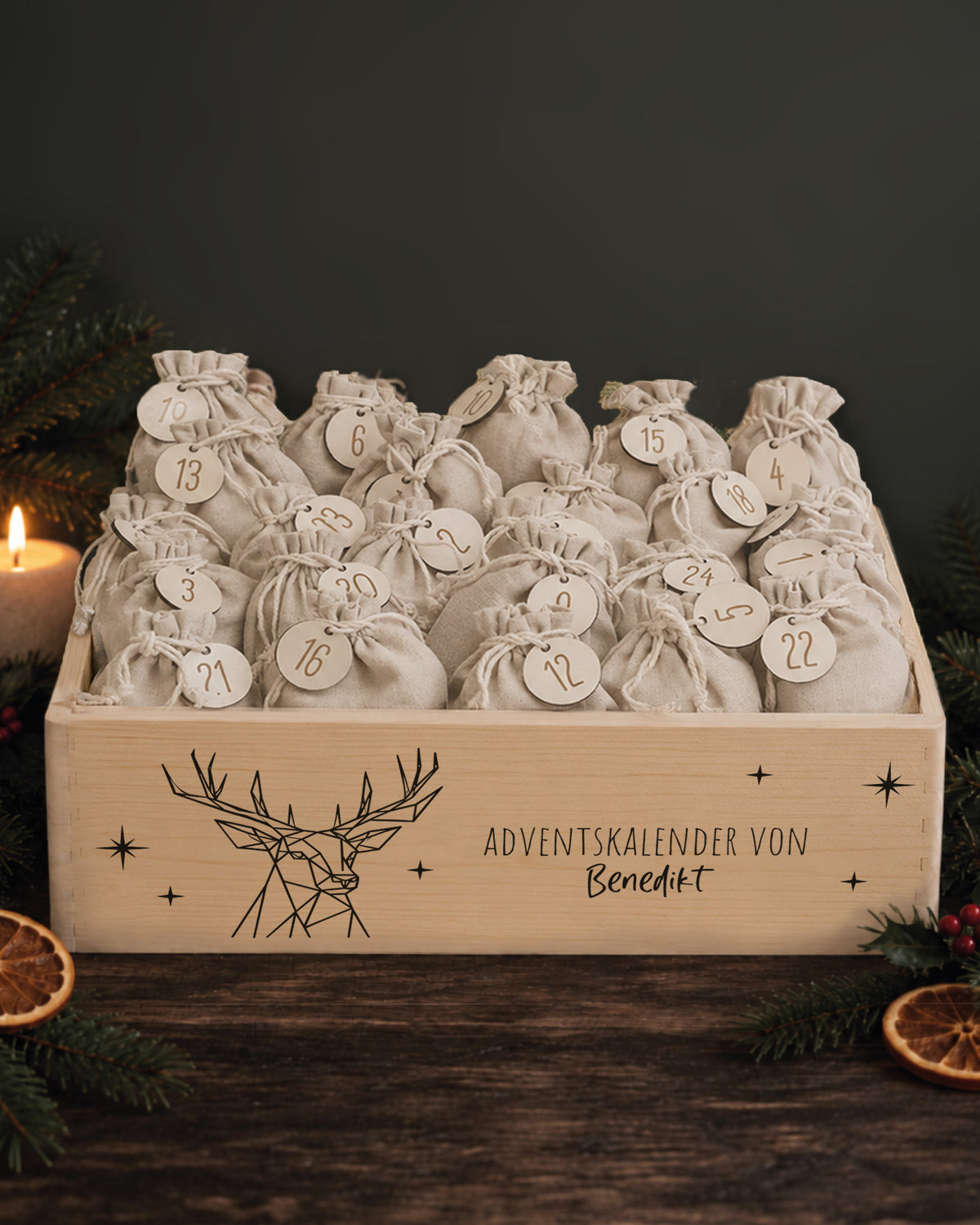 hellowild Adventskiste einfarbig "Hirschgeweih" personalisiert