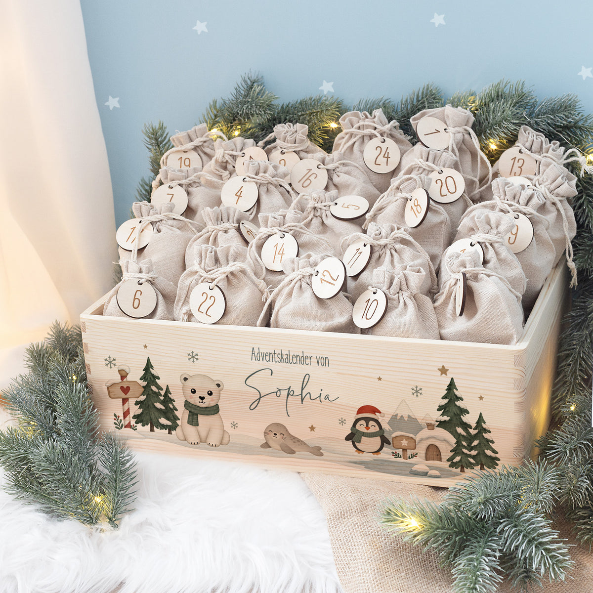 Adventskiste als Adventskalender „Nordpol“ Aquarell personalisiert Druck