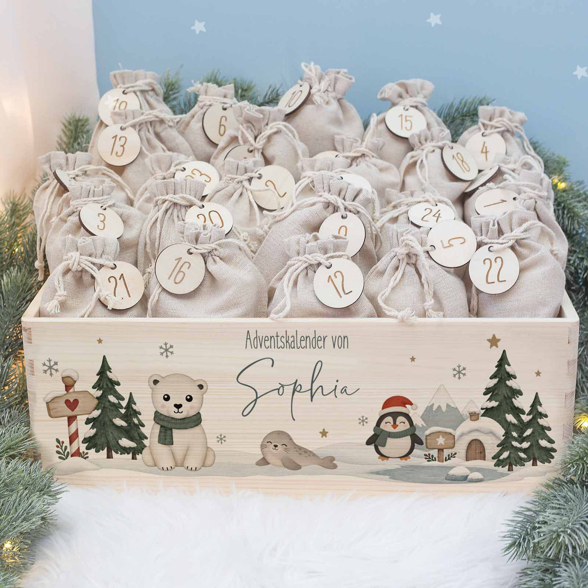 Adventskiste als Adventskalender „Nordpol“ Aquarell personalisiert Druck
