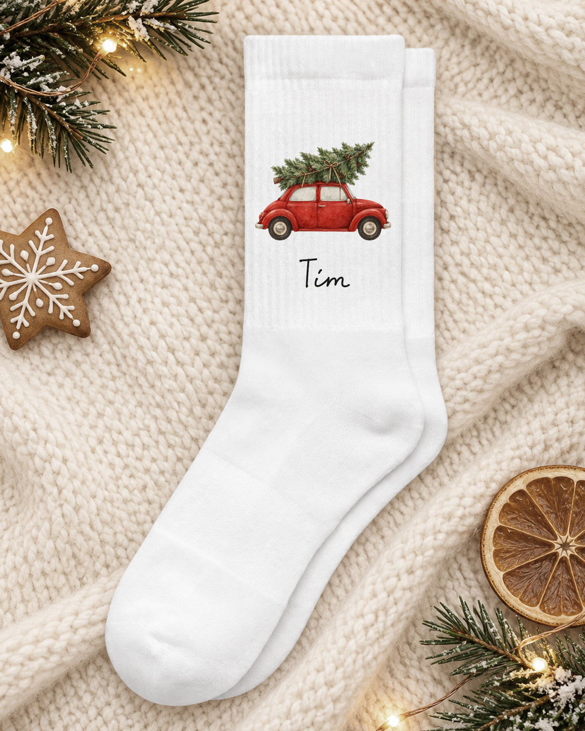 Weihnachtssocken „Weihnachtsauto“ personalisiert Sublimation