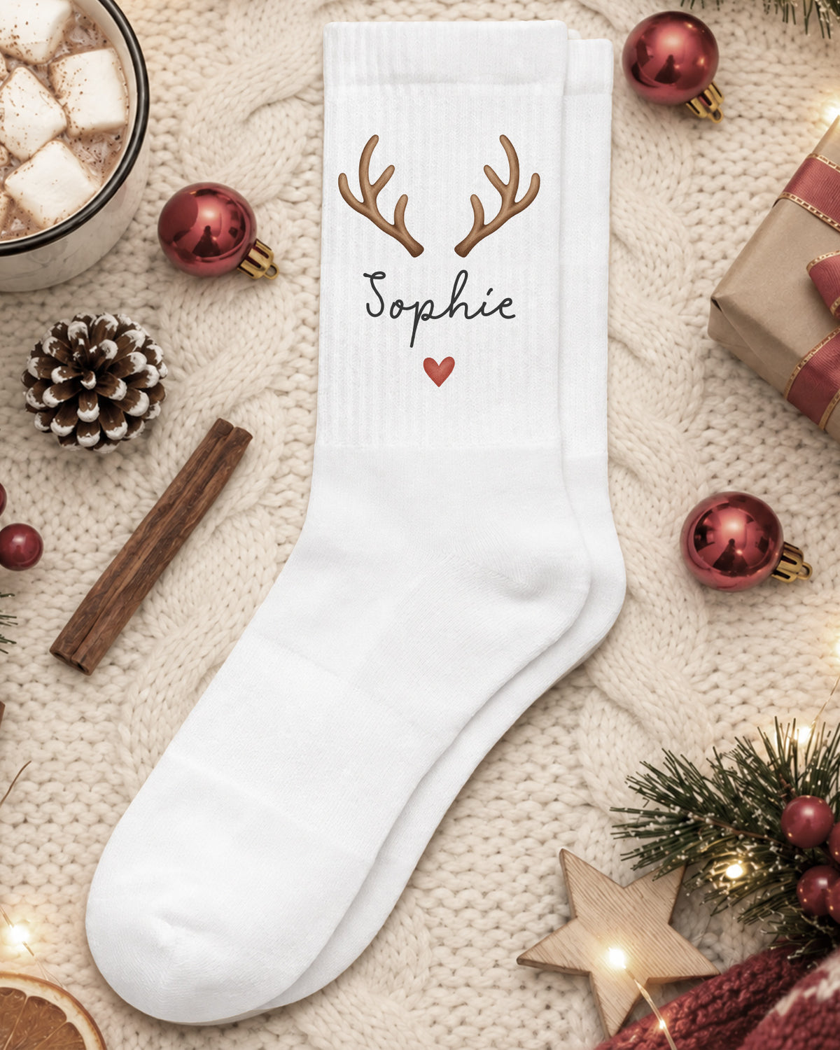 Weihnachtssocken „Rentiergeweih“ personalisiert Sublimation