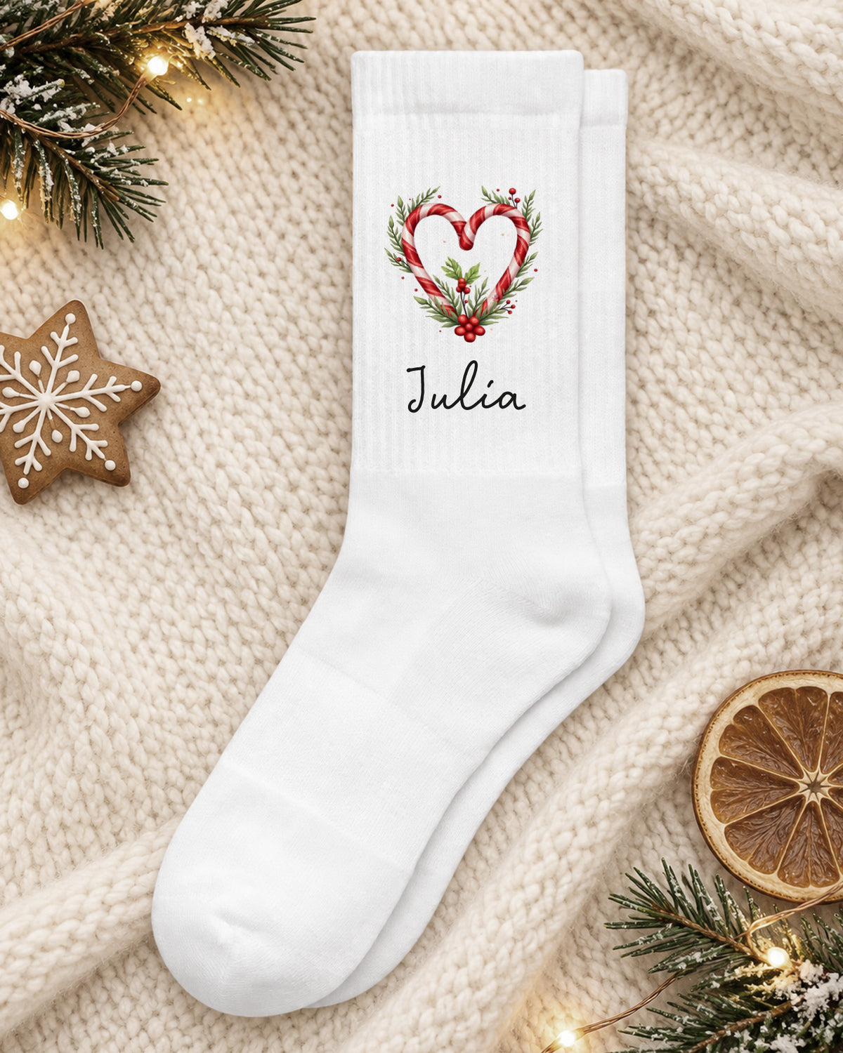 Weihnachtssocken „Zuckerstangen-Herz“ personalisiert Sublimation