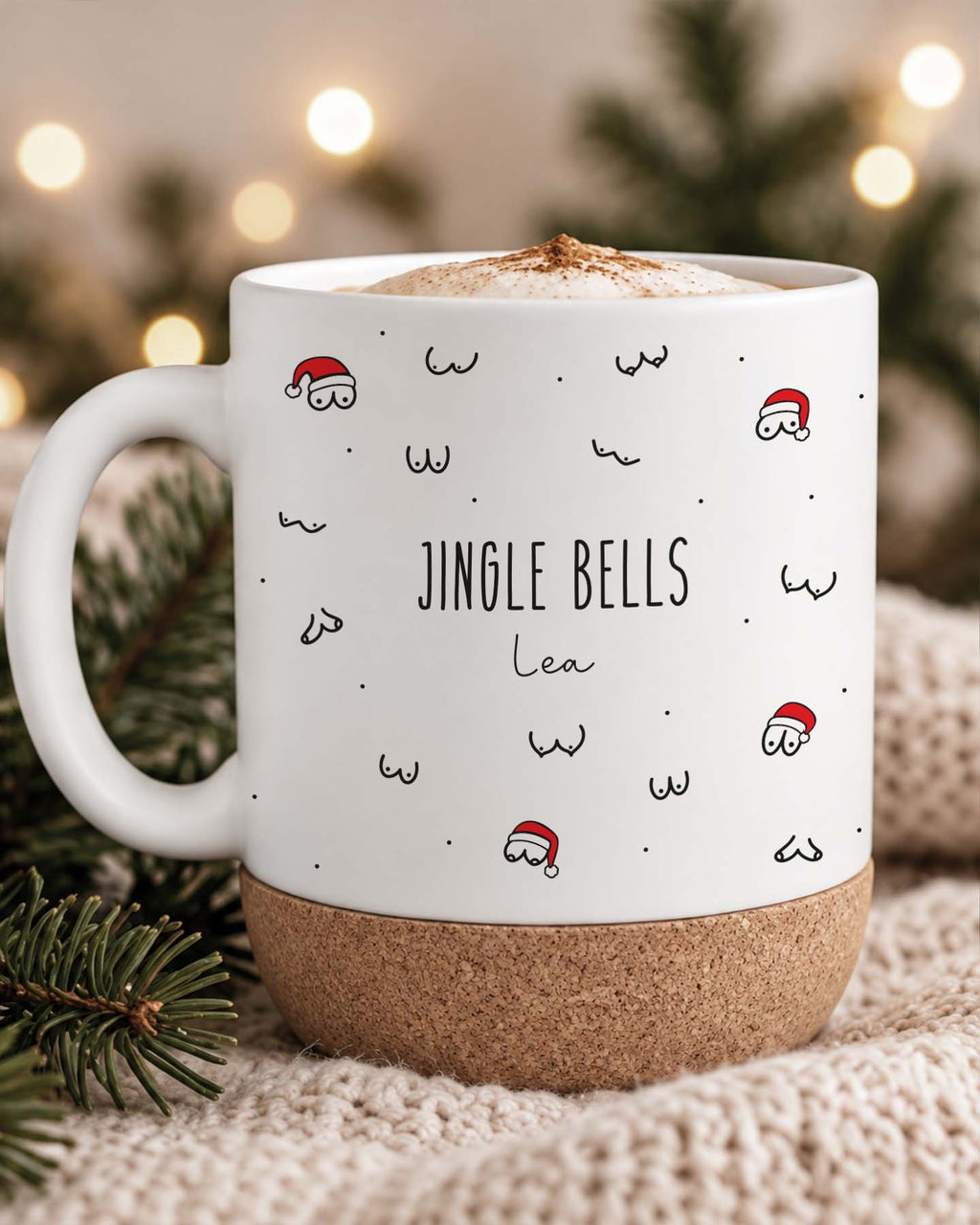 Weihnachtstasse „Jingle Bells Frau“ mit Korkboden & Deckel personalisiert Sublimation