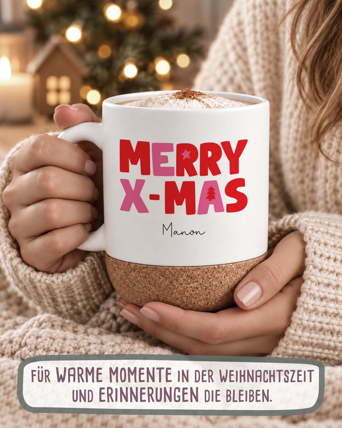 Weihnachtstasse „Merry & Bright“ mit Korkboden & Deckel personalisiert Sublimation
