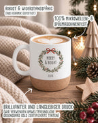 Weihnachtstasse „Merry & Bright“ mit Korkboden & Deckel personalisiert Sublimation