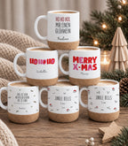 Weihnachtstasse „Merry & Bright“ mit Korkboden & Deckel personalisiert Sublimation
