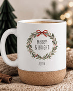 Weihnachtstasse „Merry & Bright“ mit Korkboden & Deckel personalisiert Sublimation