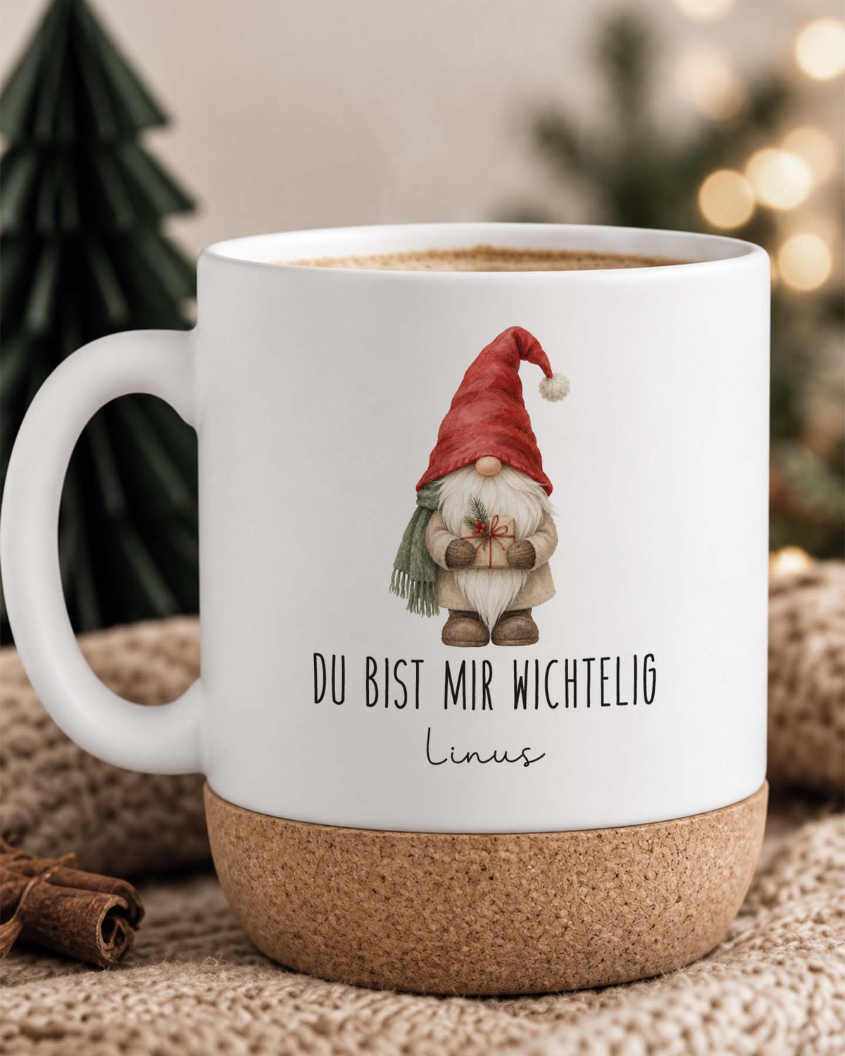 Weihnachtstasse „Du bist mir wichtelig“ mit Korkboden & Deckel personalisiert Sublimation