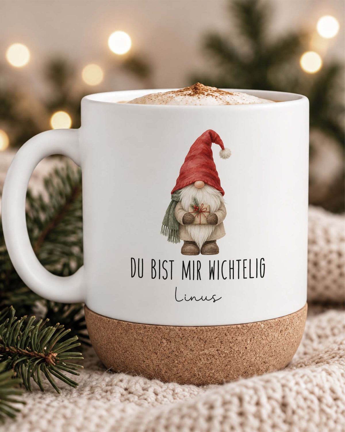 Weihnachtstasse „Du bist mir wichtelig“ mit Korkboden & Deckel personalisiert Sublimation