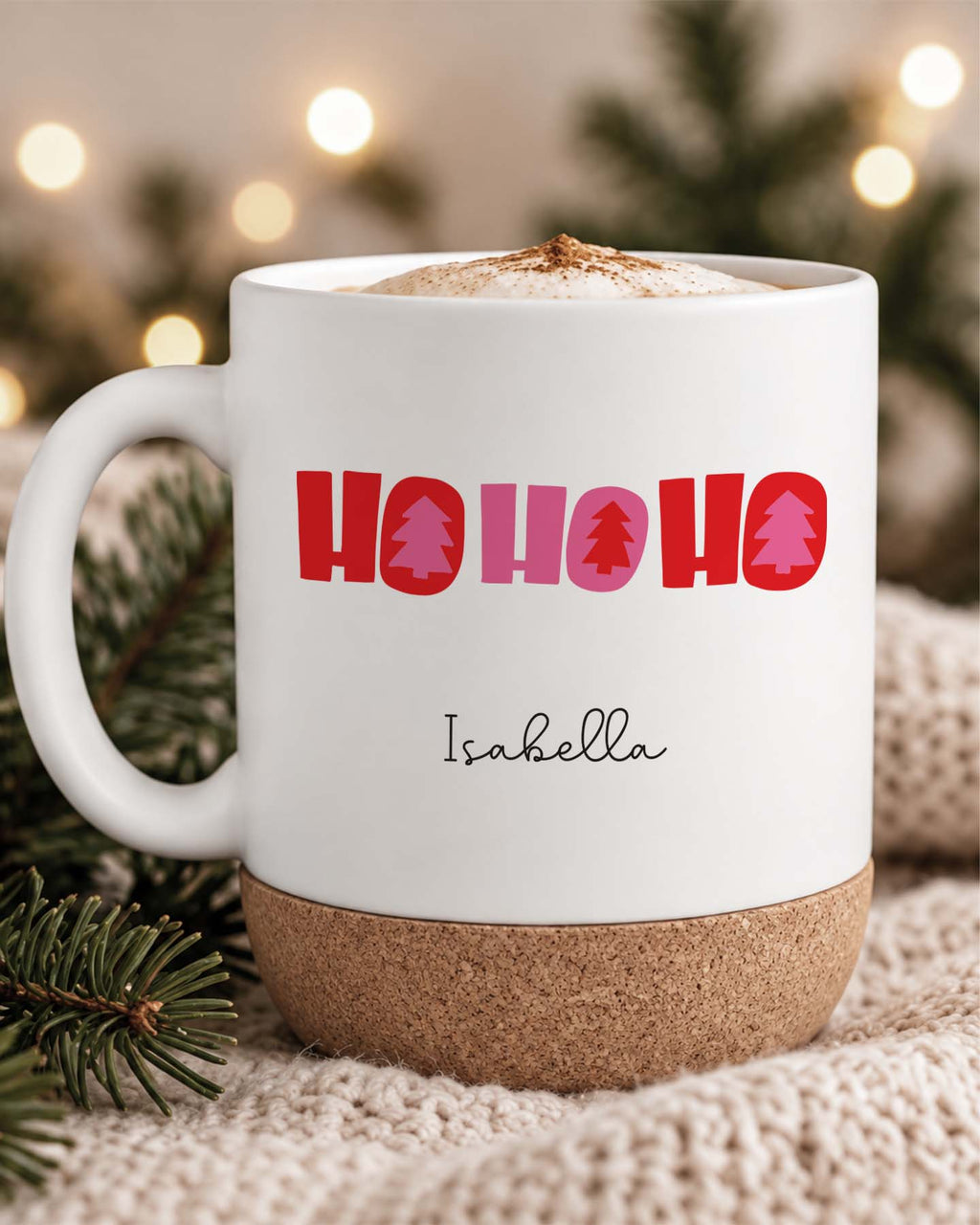 Weihnachtstasse „Ho Ho Ho“ mit Korkboden & Deckel personalisiert Sublimation