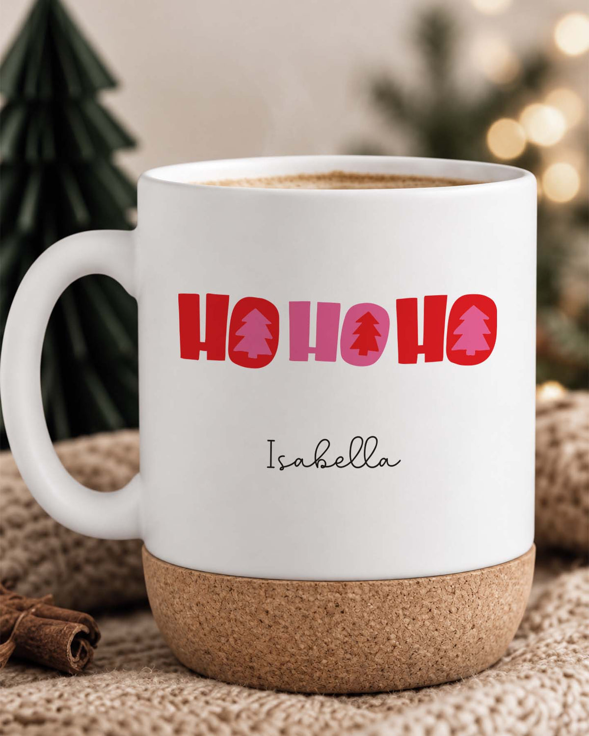 Weihnachtstasse „Ho Ho Ho“ mit Korkboden & Deckel personalisiert Sublimation