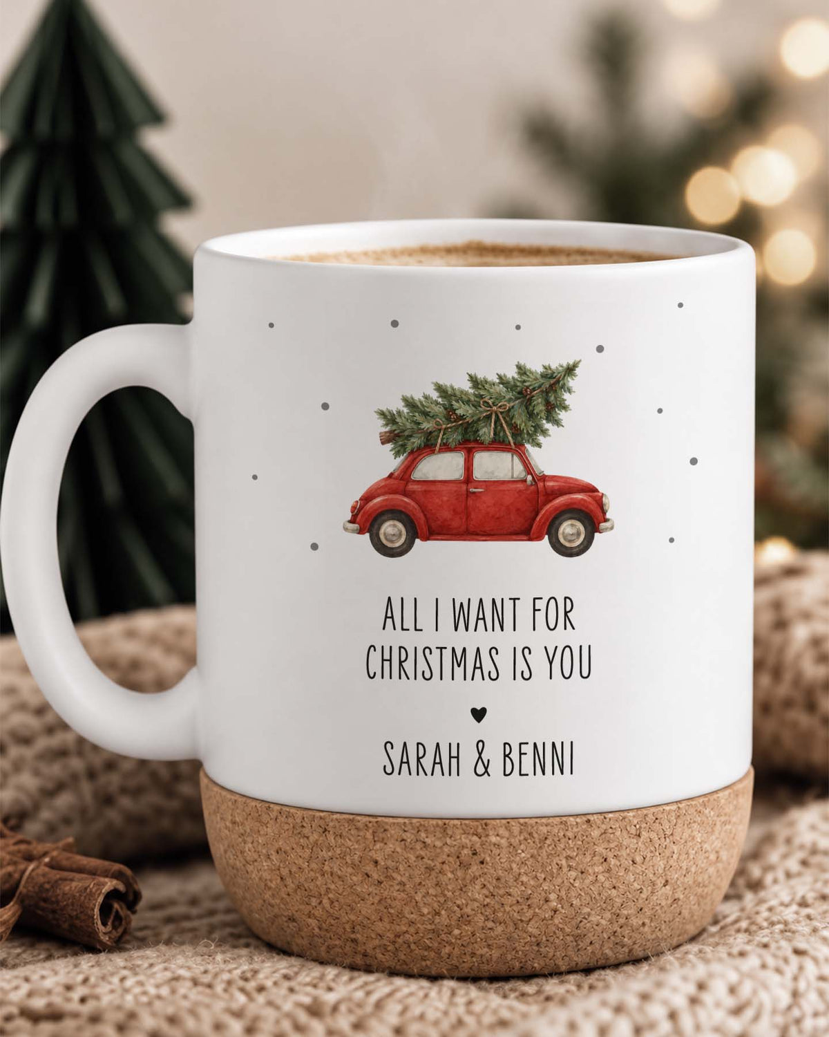 Weihnachtstasse „All I want for Christmas is you“ mit Korkboden & Deckel personalisiert Sublimation