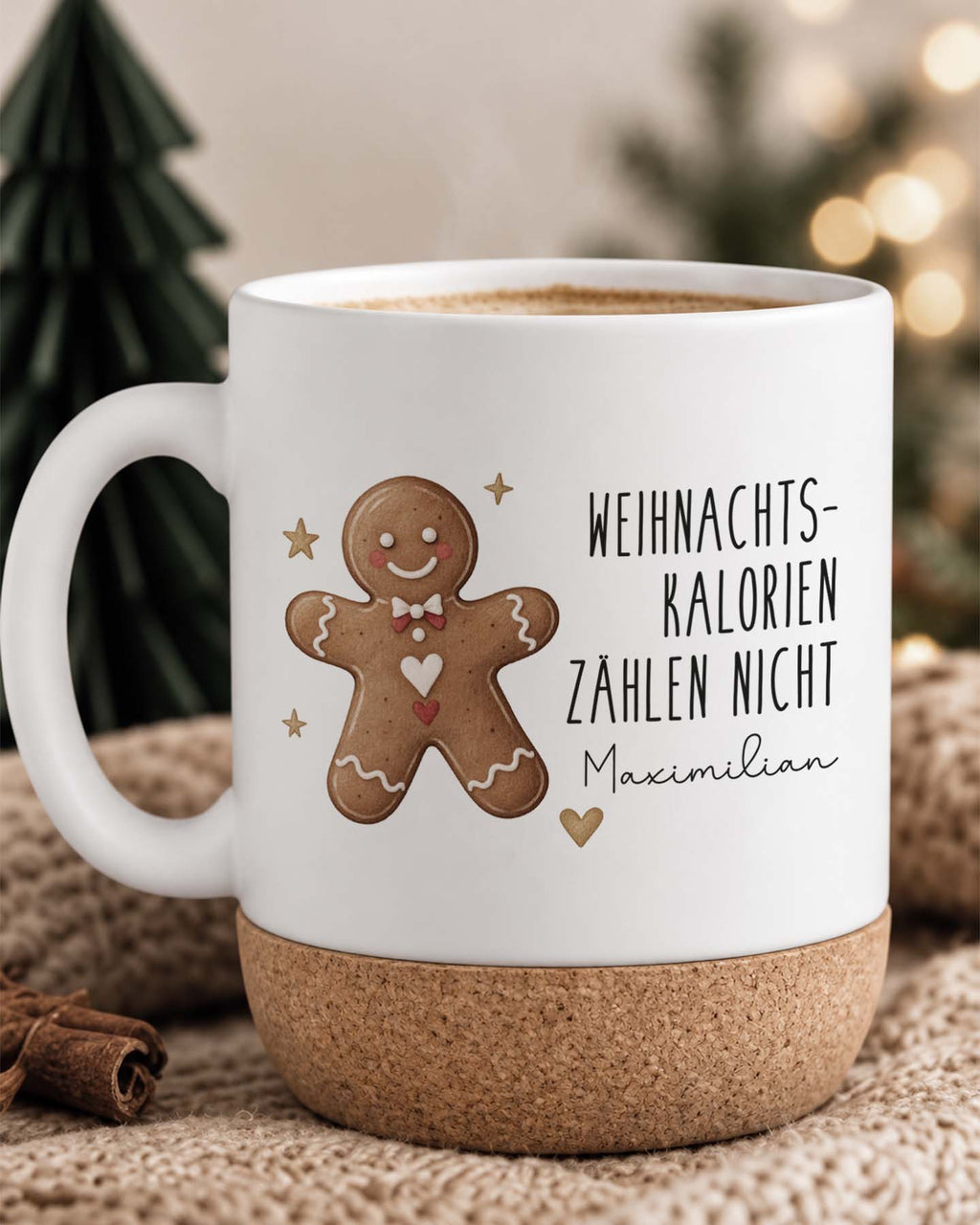 Weihnachtstasse „Weihnachtskalorien zählen nicht“ mit Korkboden & Deckel personalisiert Sublimation