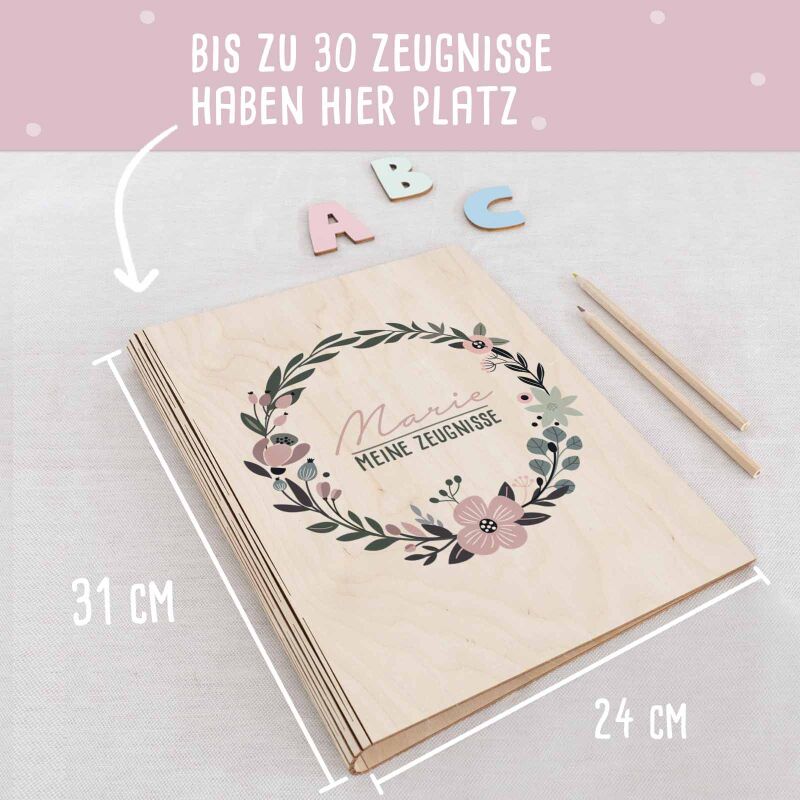Zeugnismappe Holz Ringbuch "Blumenkranz"