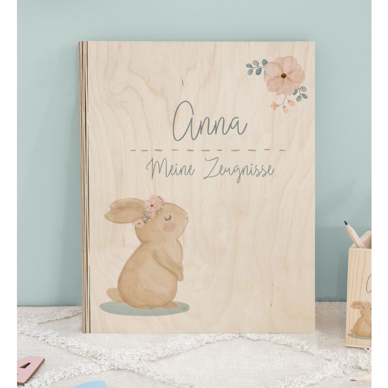 Zeugnismappe Holz Ringbuch "Hase"