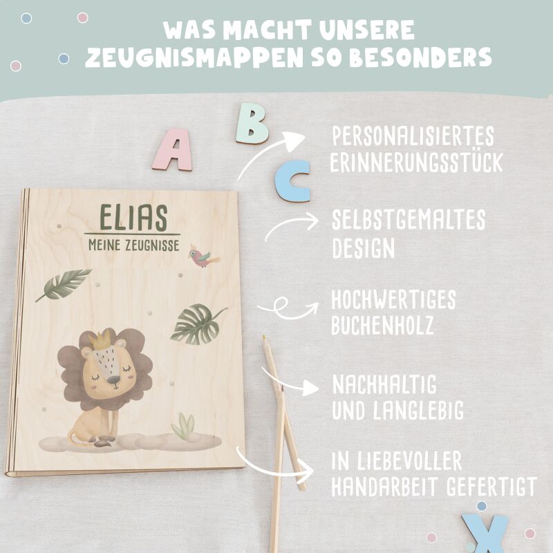 Zeugnismappe Holz Ringbuch "Löwe"