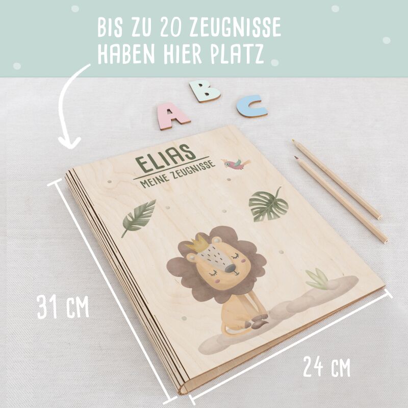 Zeugnismappe Holz Ringbuch "Löwe"