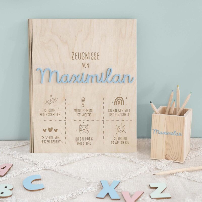 Zeugnismappe Holz Ringbuch mit 3D-Name "Affirmation"