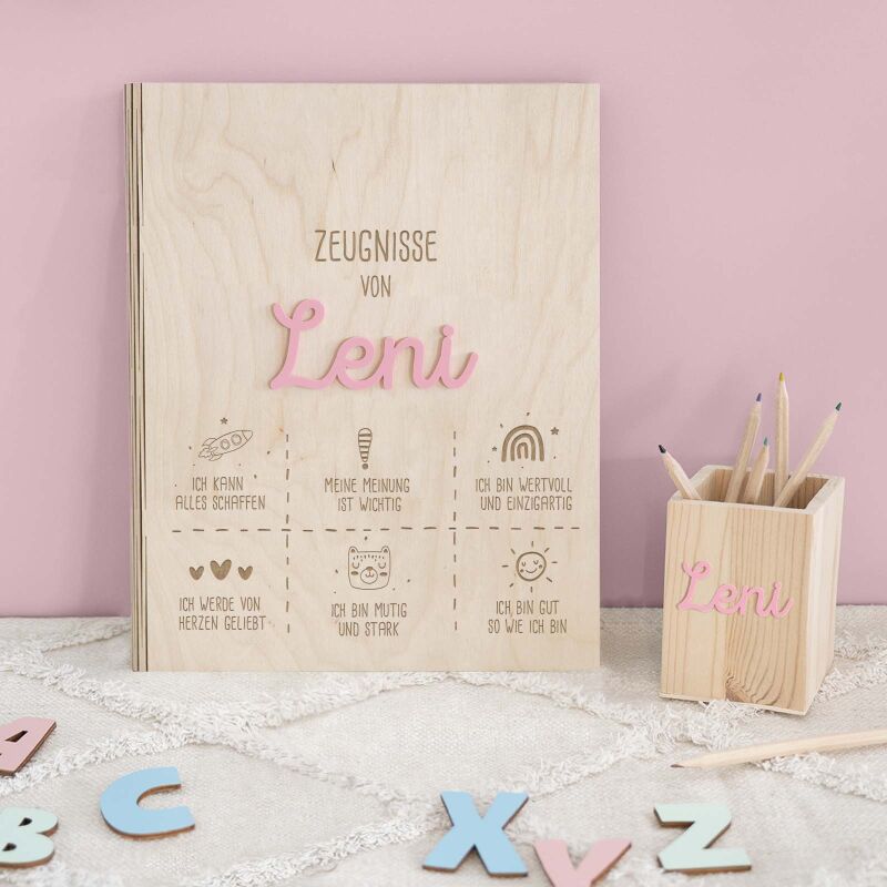 Zeugnismappe Holz Ringbuch mit 3D-Name "Affirmation"