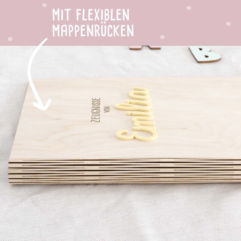 Zeugnismappe Holz Ringbuch mit 3D-Name "Affirmation"